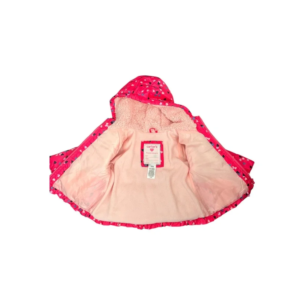Carters Pink Heart Puffer Jacket Girls 18 Months Hooded‎ Sherpa Lined Ruffle NEW